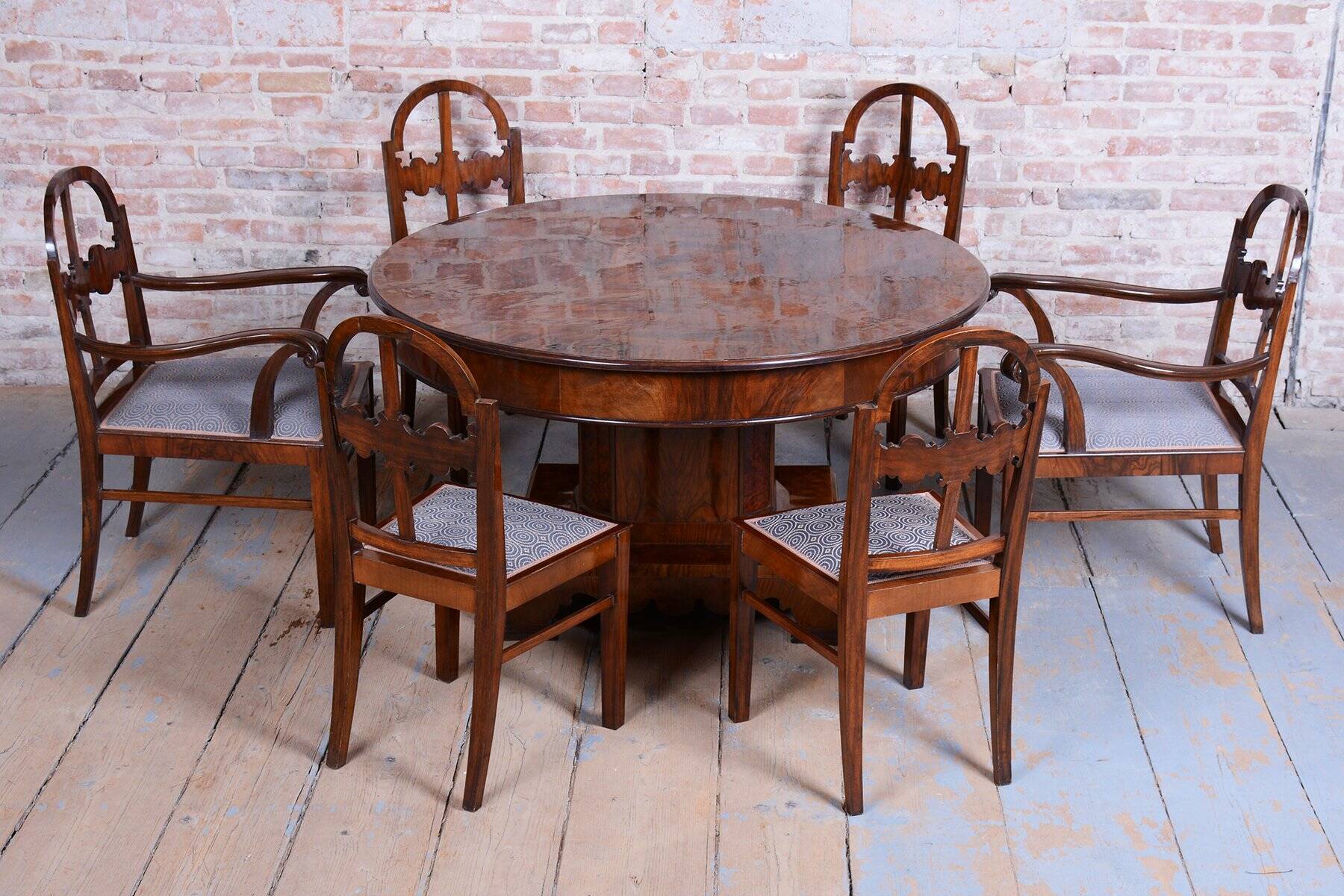 Art Deco Dinig Set in Caucasian Walnut, 1920s, Set of 7