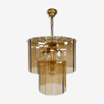 VINTAGE CHANDELIER IN SMOKED GLASS AND BRASS 1970