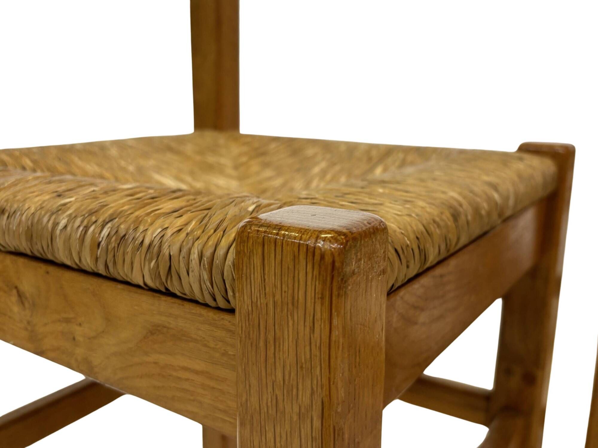 Set of four vintage chairs / stool - brutalist style minimalist oak and wicker 60s