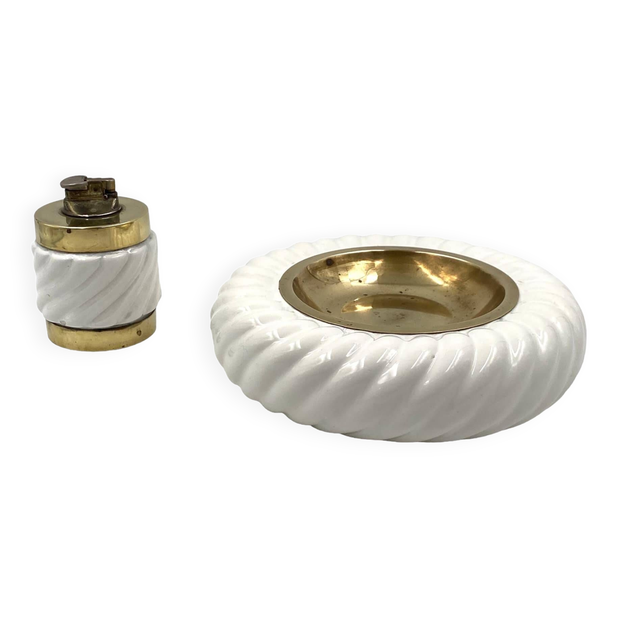 Tommaso Barbi, Smoking set white ashtray and table lighter, B Ceramiche, ca. 1970