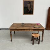 Antique farm table from the 1950s, with 3 drawers and turned legs