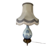 19th-century blue grand feu faience lamp, tripod bronze, fringed lampshade.