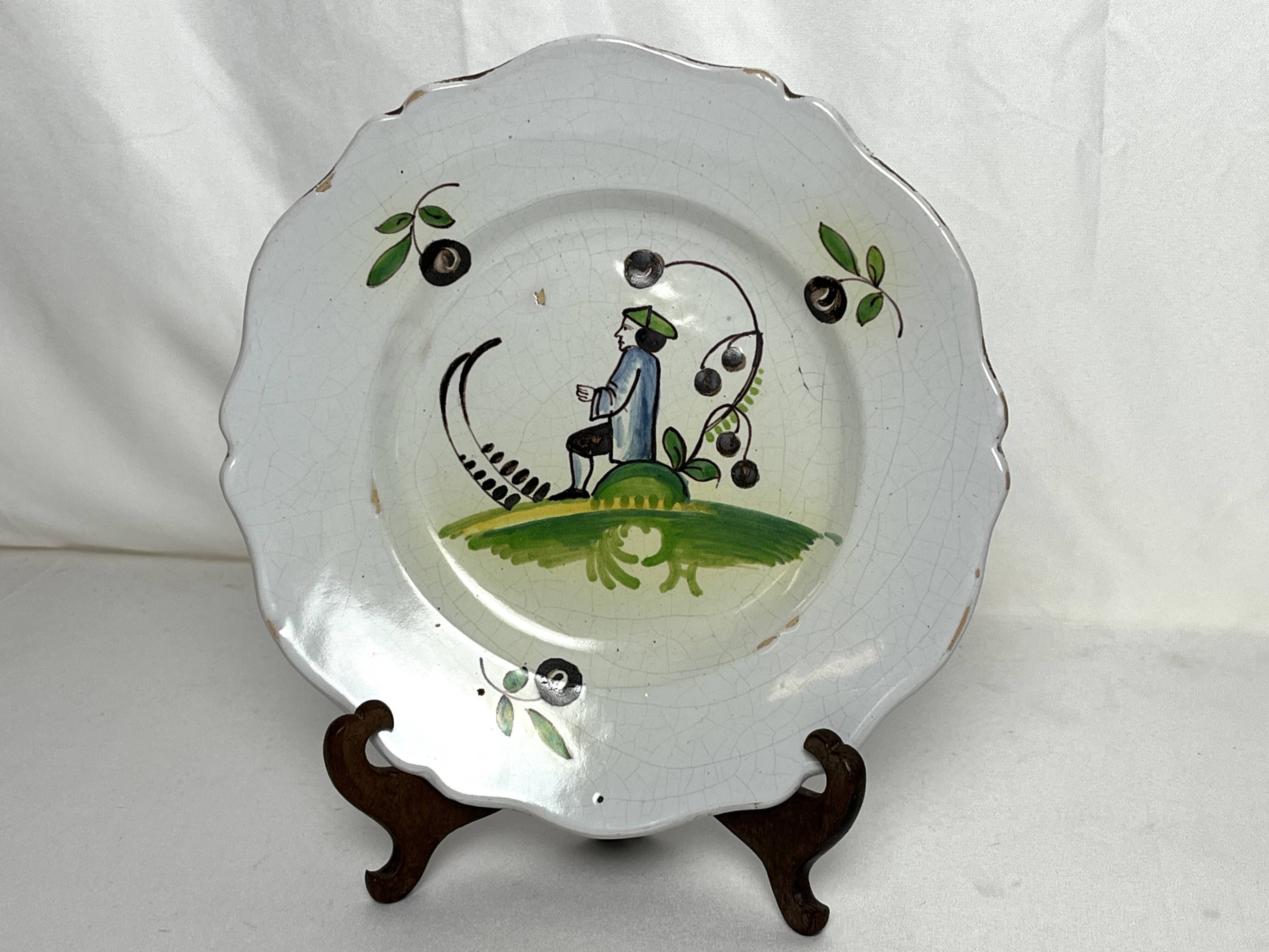 Old Grenoble earthenware plate, 19th century coachman decor