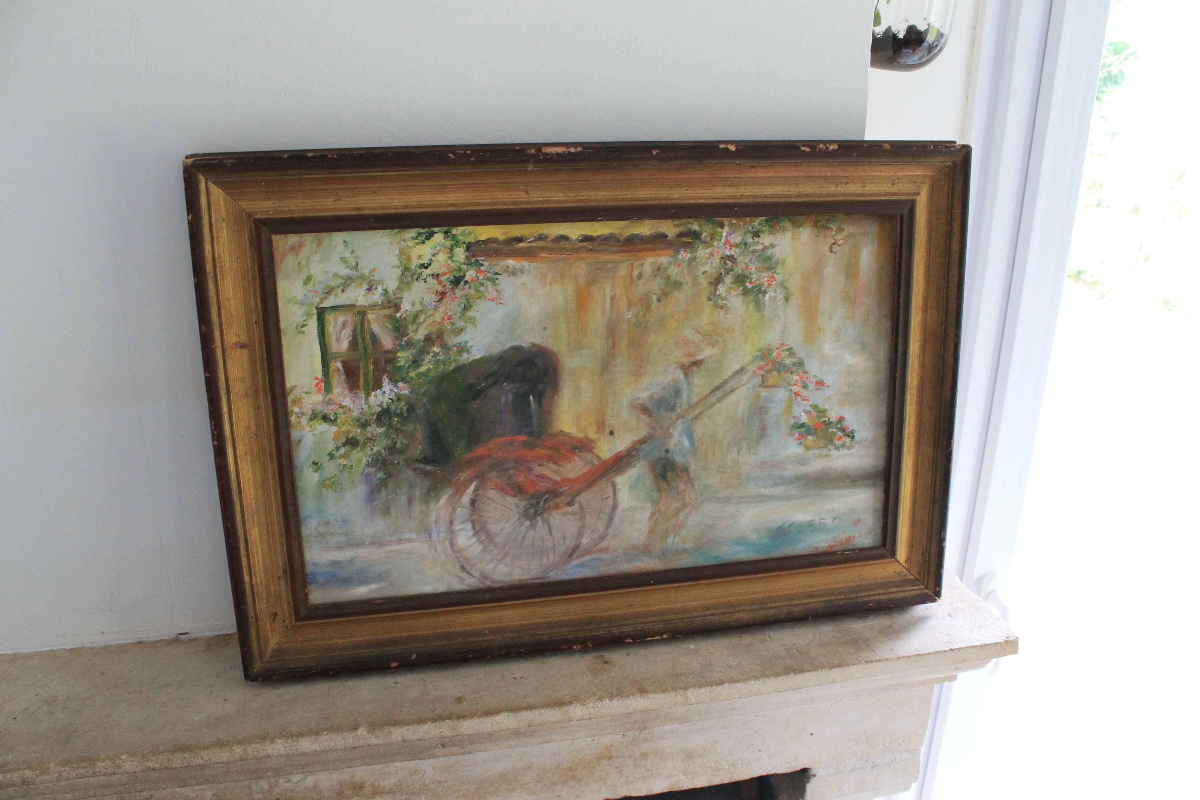 Oil on canvas signed F. Fosso, depicting a man pulling a cart.