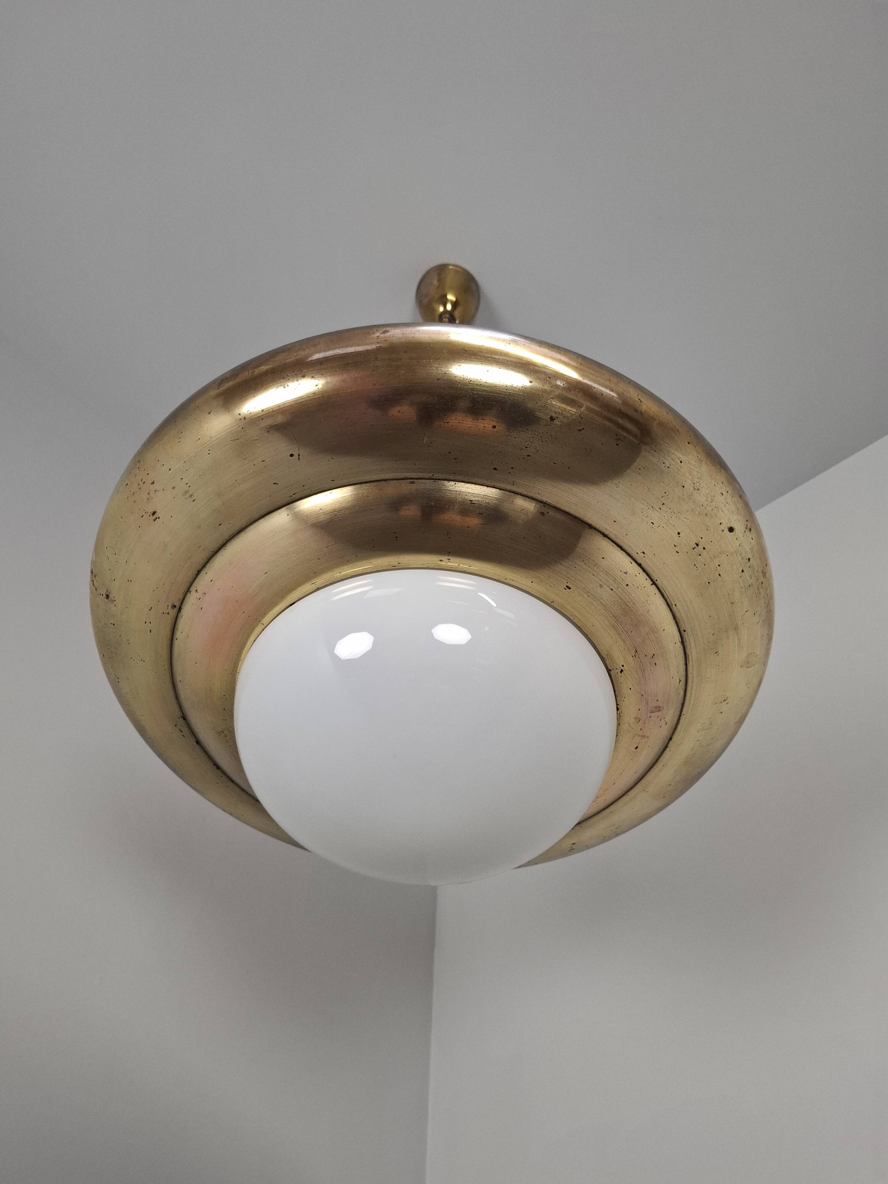 1920 Czechoslovak Art Deco Brass and Opaline Glass Pendant Lamp, Napako 134