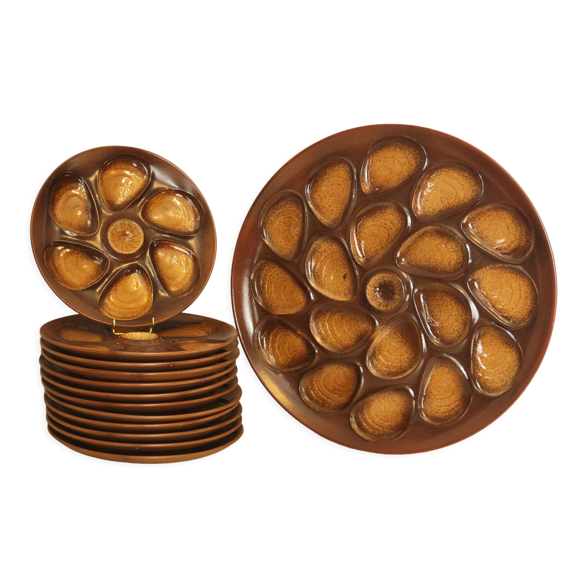 Vintage oyster service Salins earthenware France 9 plates and dish