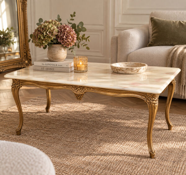 Table basse Louis XV en bronze doré avec plateau en marbre blanc veiné