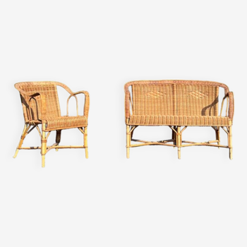 Rattan lounge armchair and bench