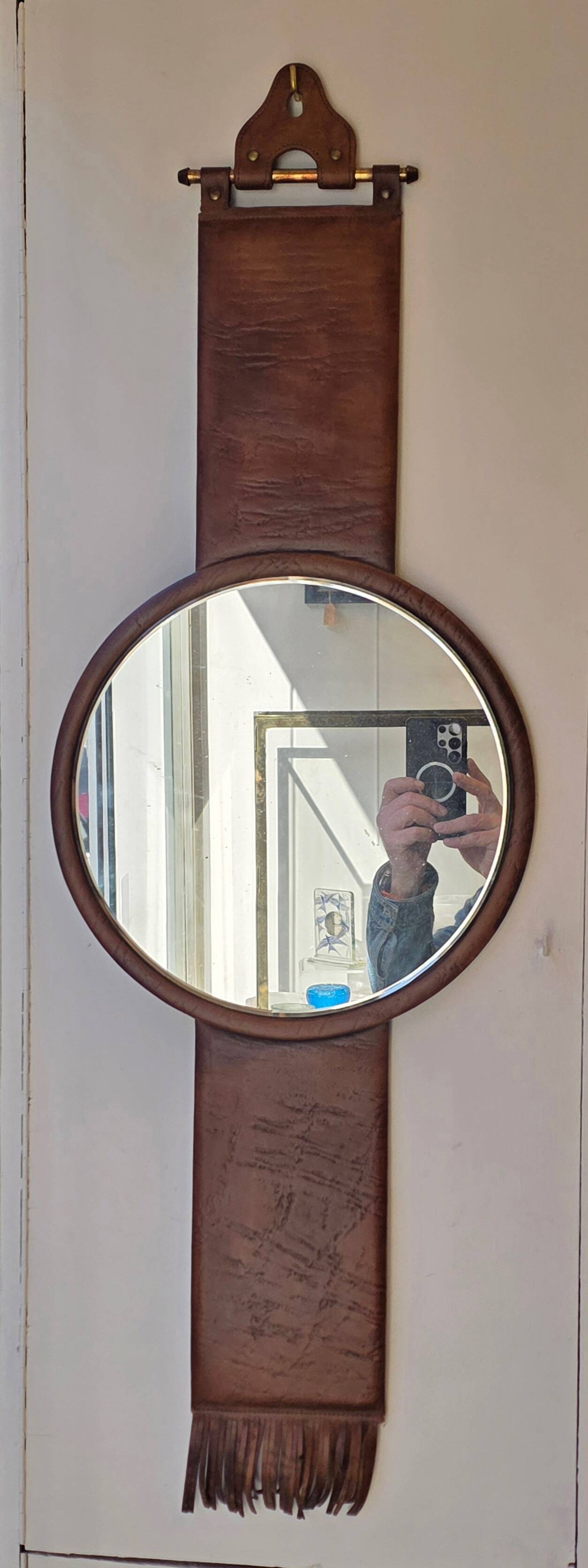 Leather Mirror, attributed to Uno & Östen Kristiansson, Luxus Vittsjö, circa 1970