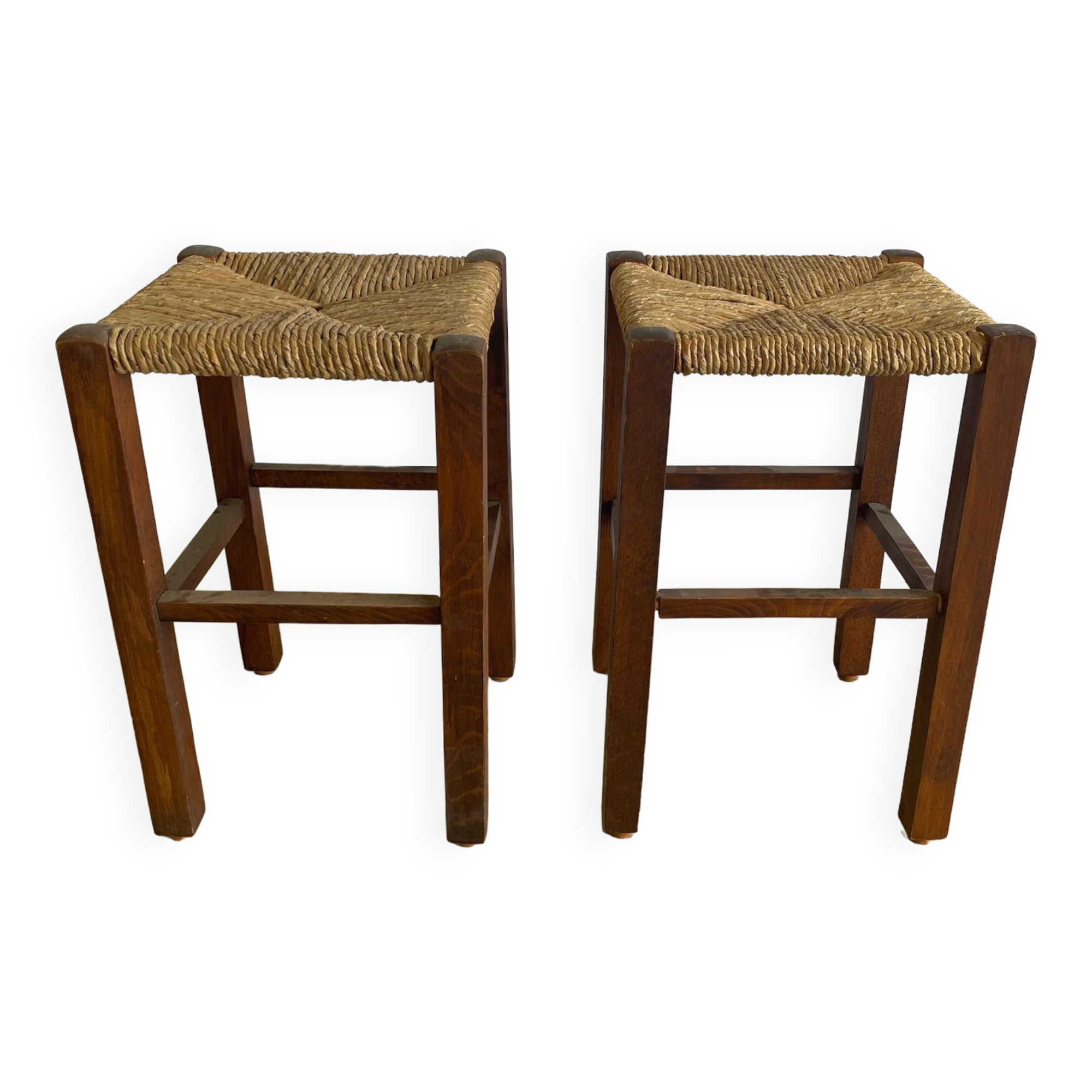 Pair of straw and wood stools