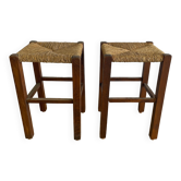 Pair of straw and wood stools