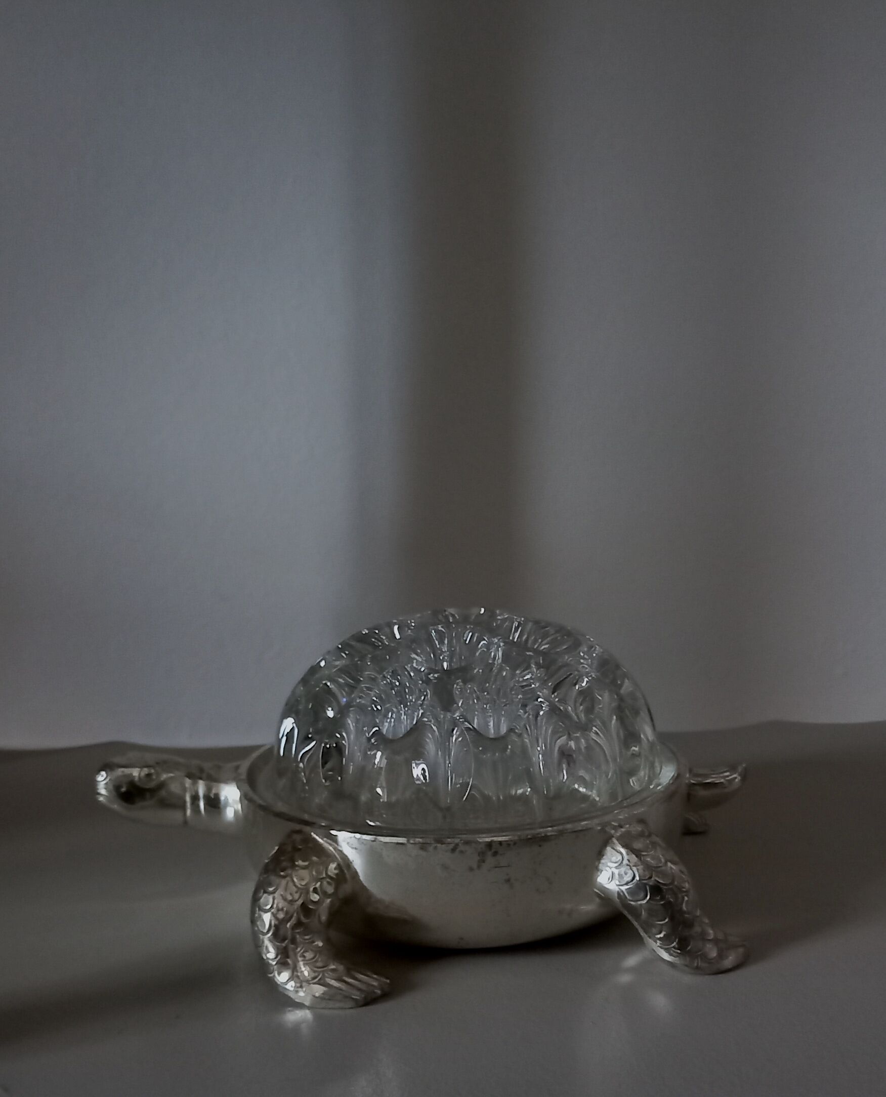 Pique-fleurs en verre de Reims 19 trous socle en métal argenté forme tortue