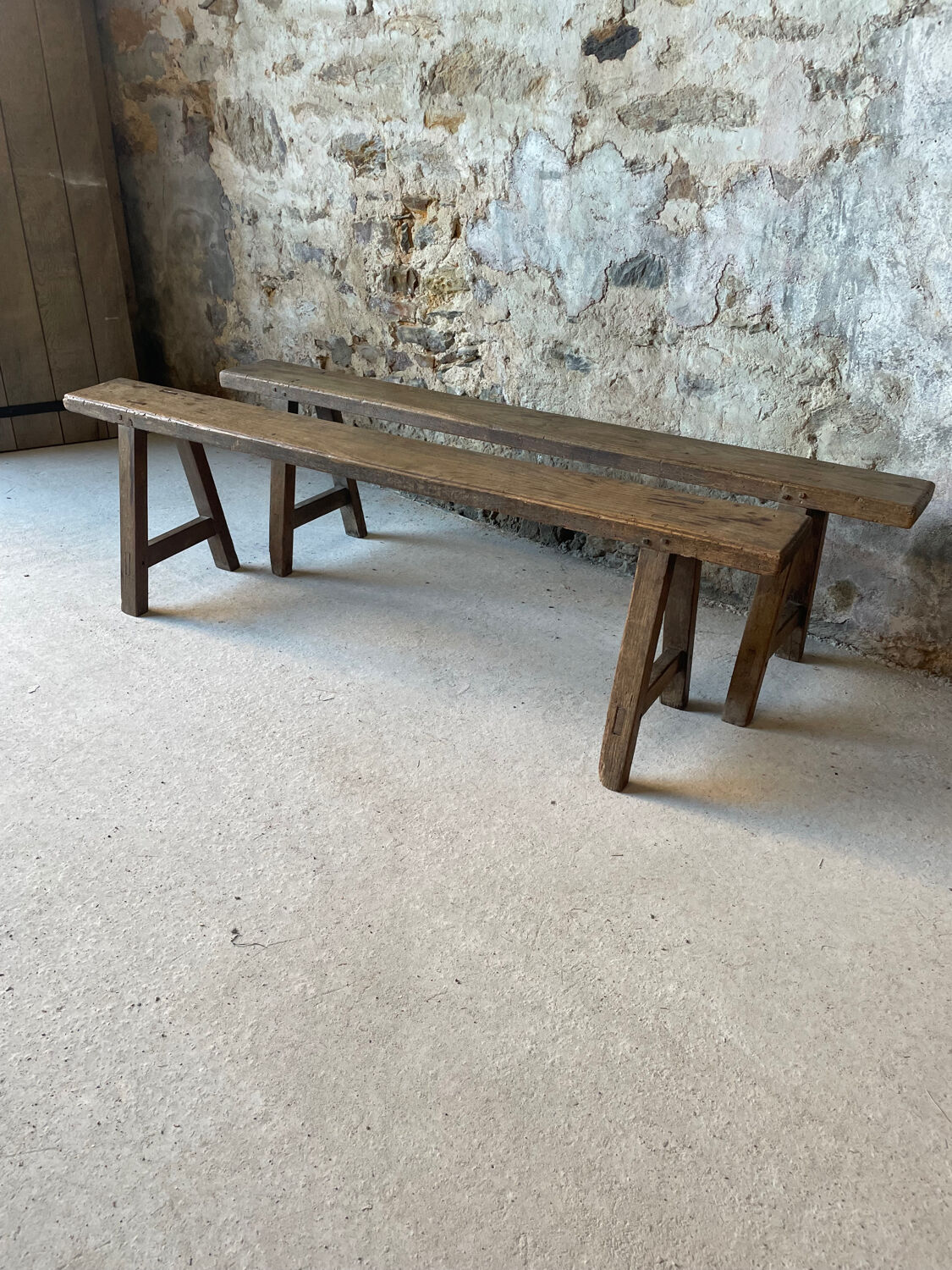 Pair of small antique solid wood benches