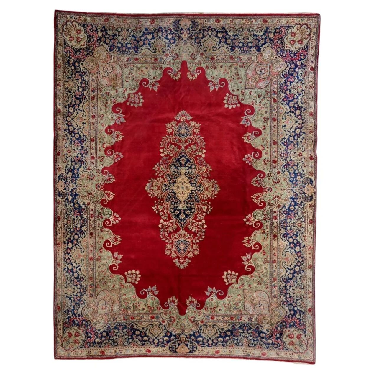 Antique 1920s Persian Kerman rug, floral medallion, red field, 273cm x 362cm