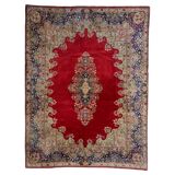 Antique 1920s Persian Kerman rug, floral medallion, red field, 273cm x 362cm