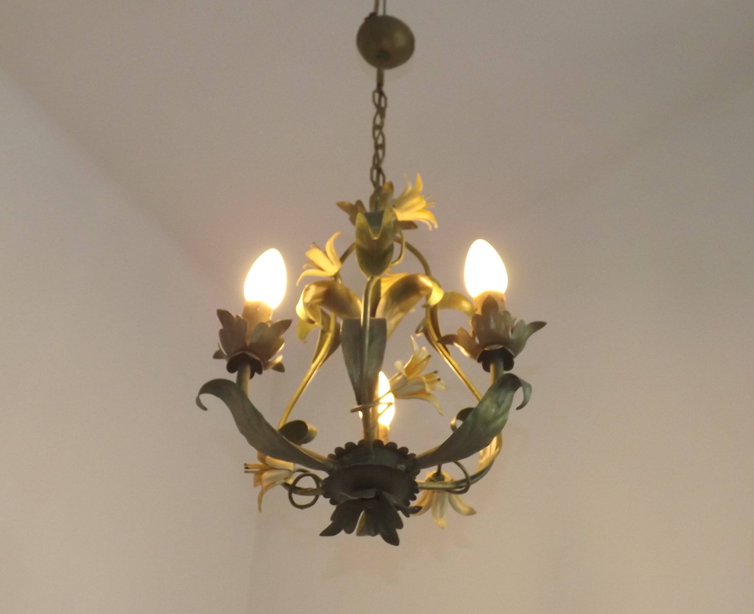 French Vintage 3 Light Cage Chandelier Hand Painted Floral Design