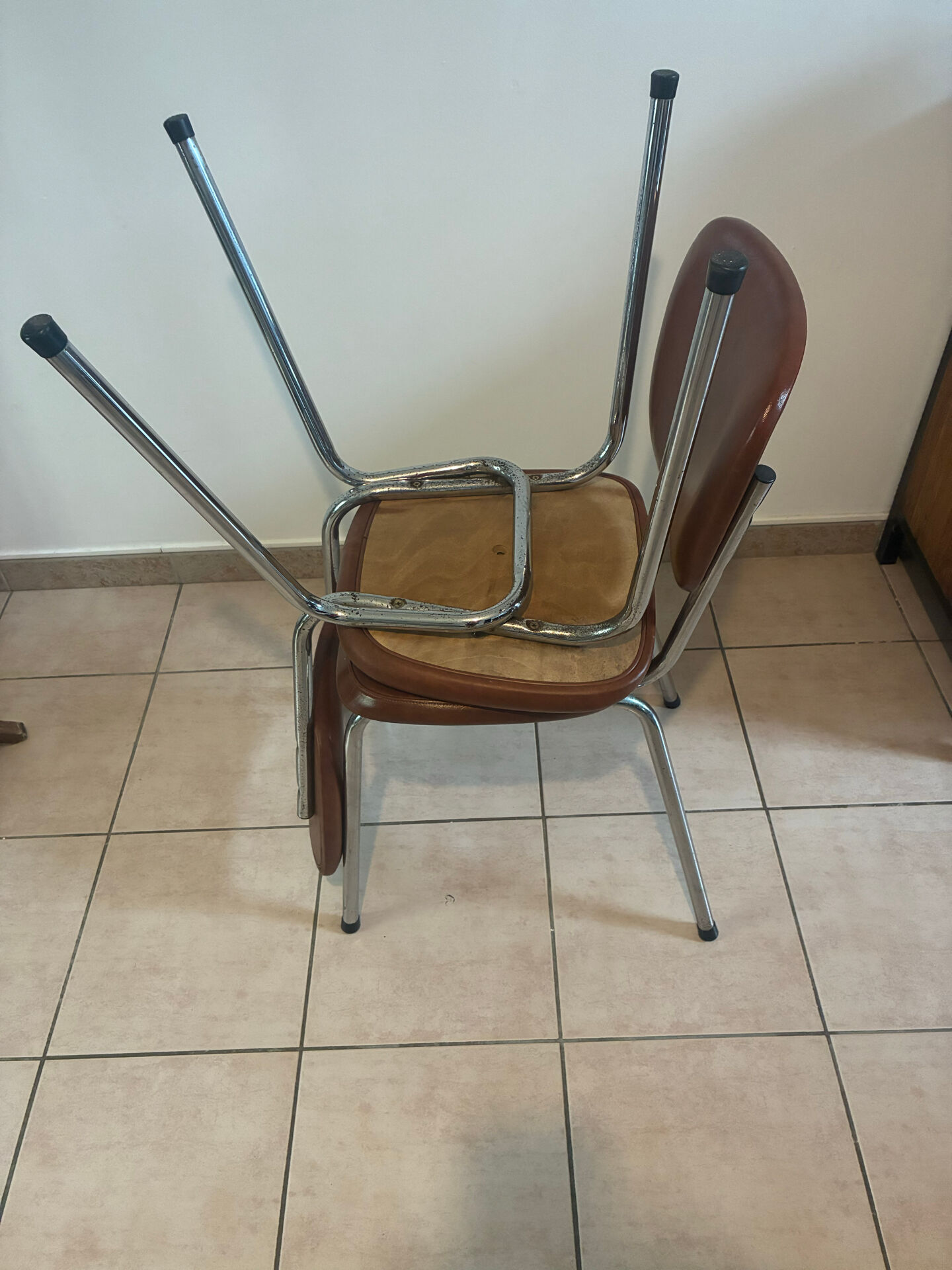 Set of 2 brown faux leather chairs – 1970s – vintage