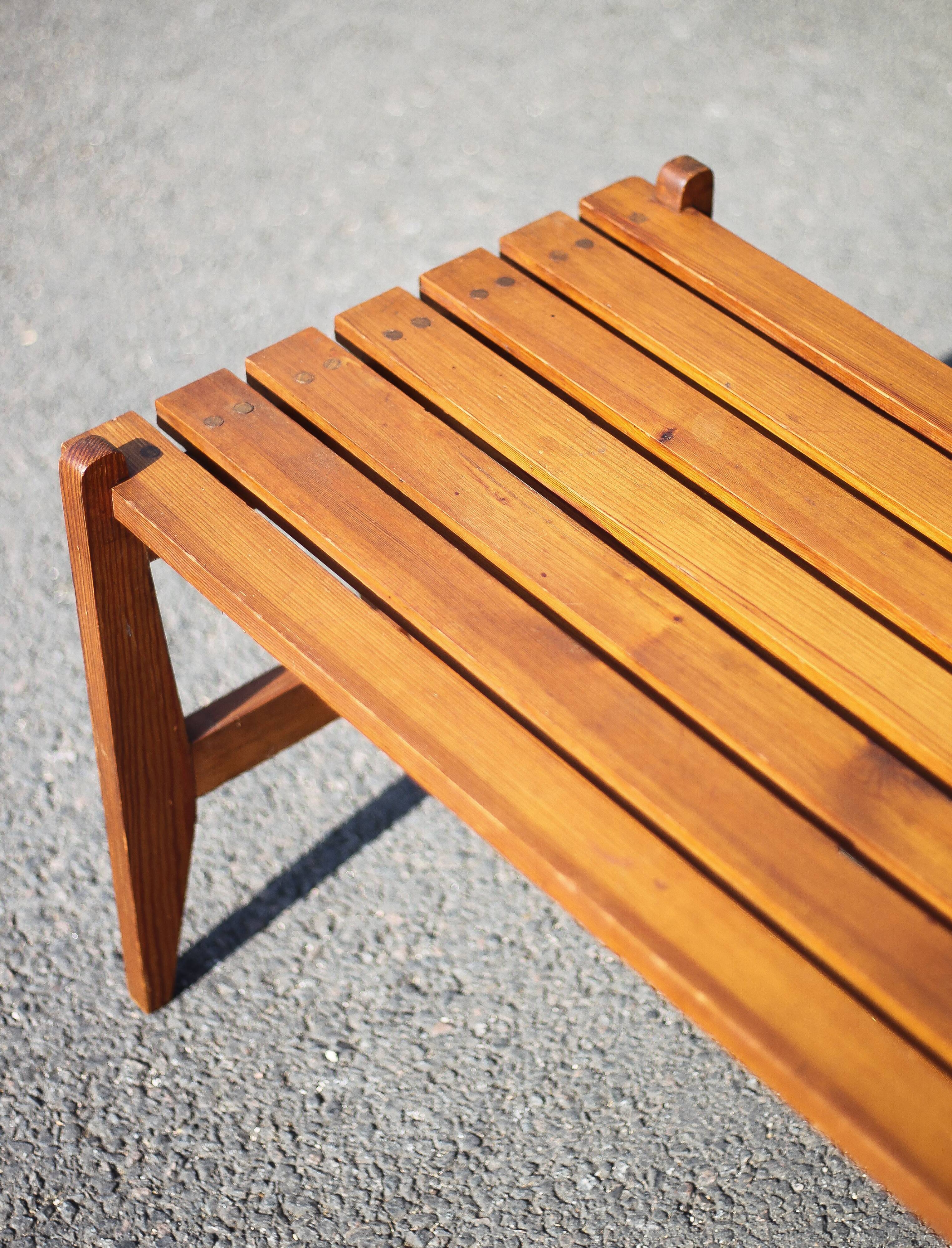 Small bench or table with vintage Scandinavian style wooden slats, wooden bench, wooden coffee table,