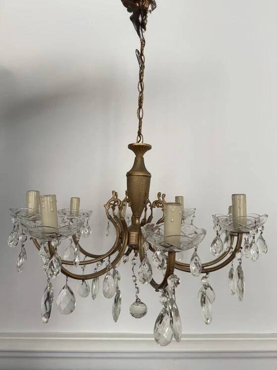 Brass chandelier with crystal drops