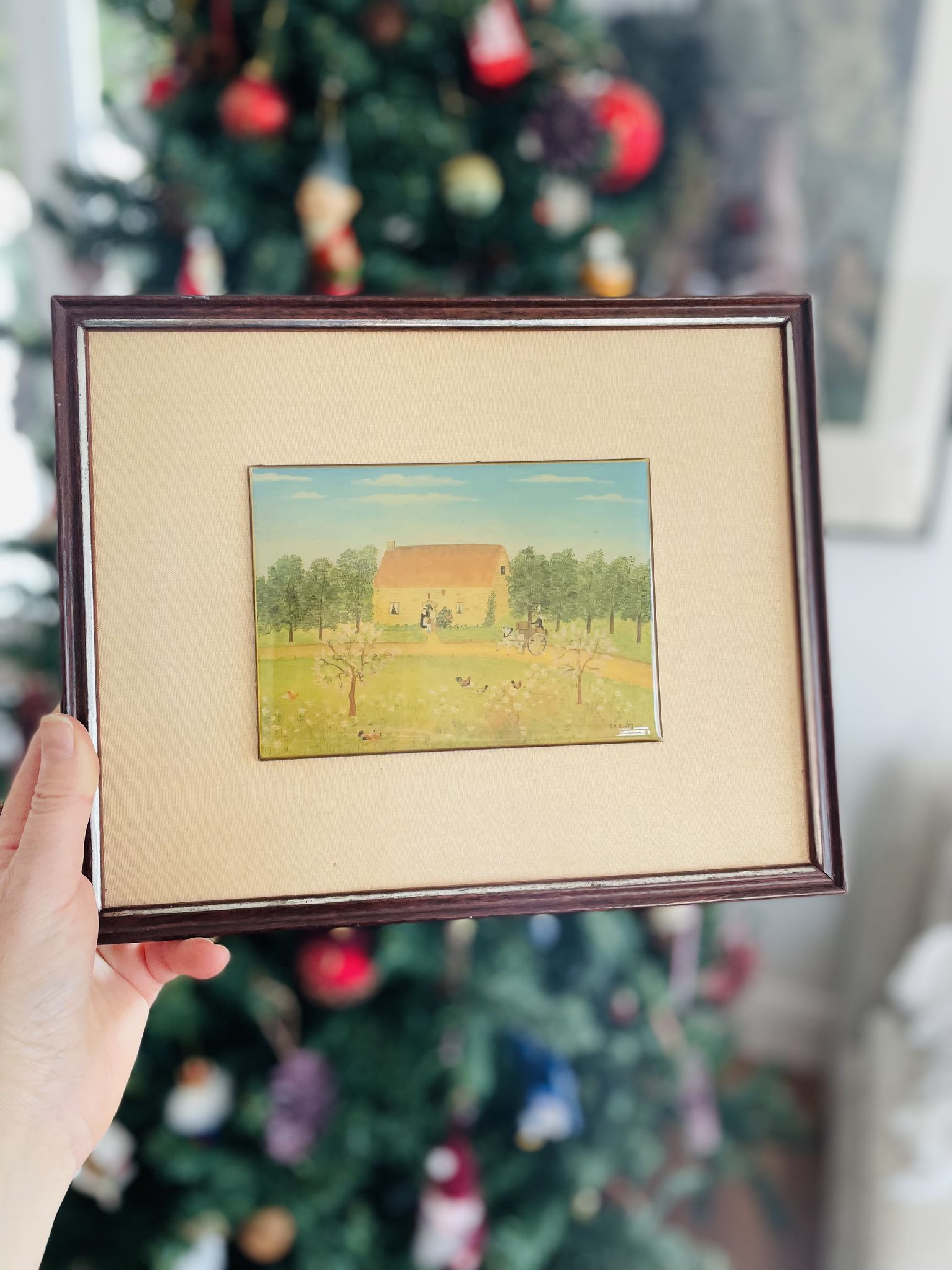 Encadrement bois tissu et décor campagne naif vintage