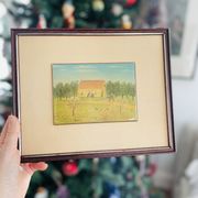 Encadrement bois tissu et décor campagne naif vintage