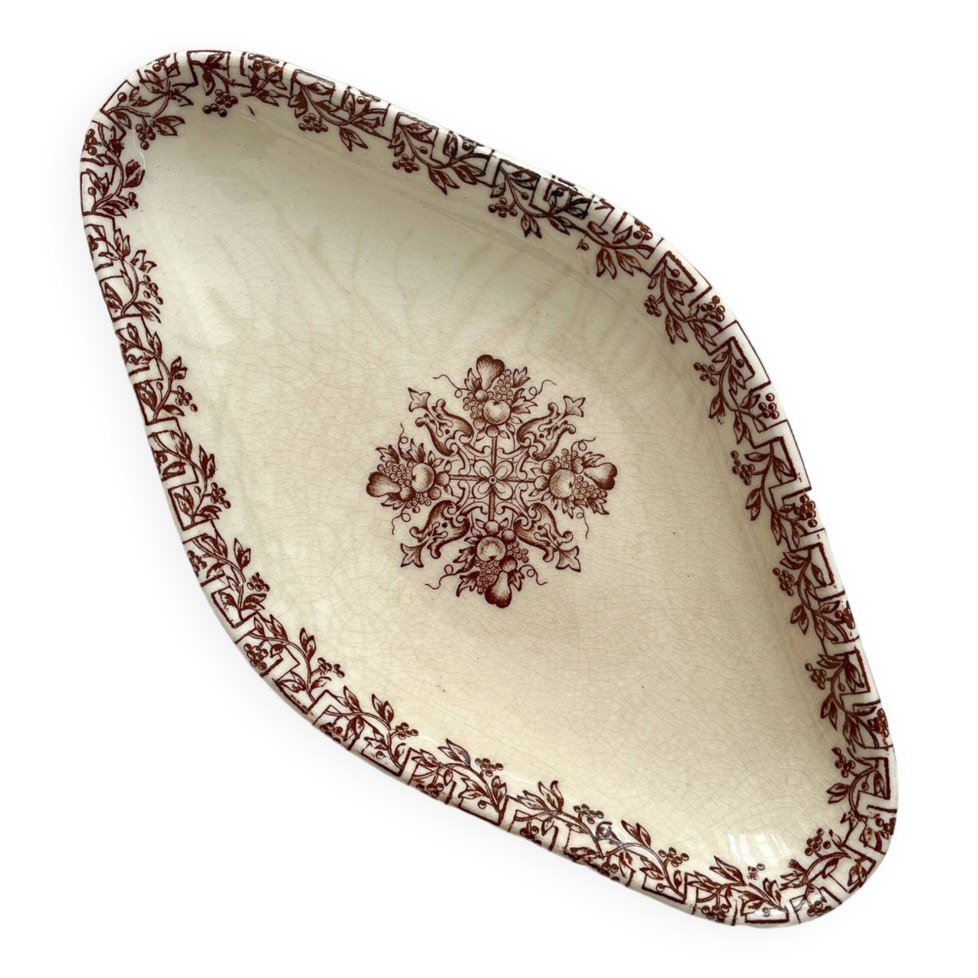 Diamond-shaped dish in "Greek" ironstone, Clairefontaine earthenware, late 19th century