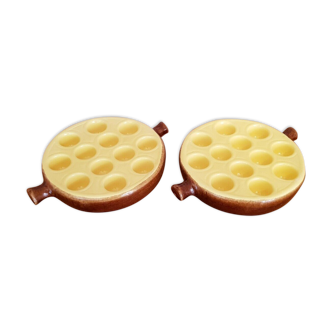 Set of 2 french brown 1 yellow escargot snail cook pots 12 snail wells 3885