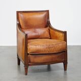 Cognac-Colored Sheepskin Leather Art Deco Design Chair Combined with Wood