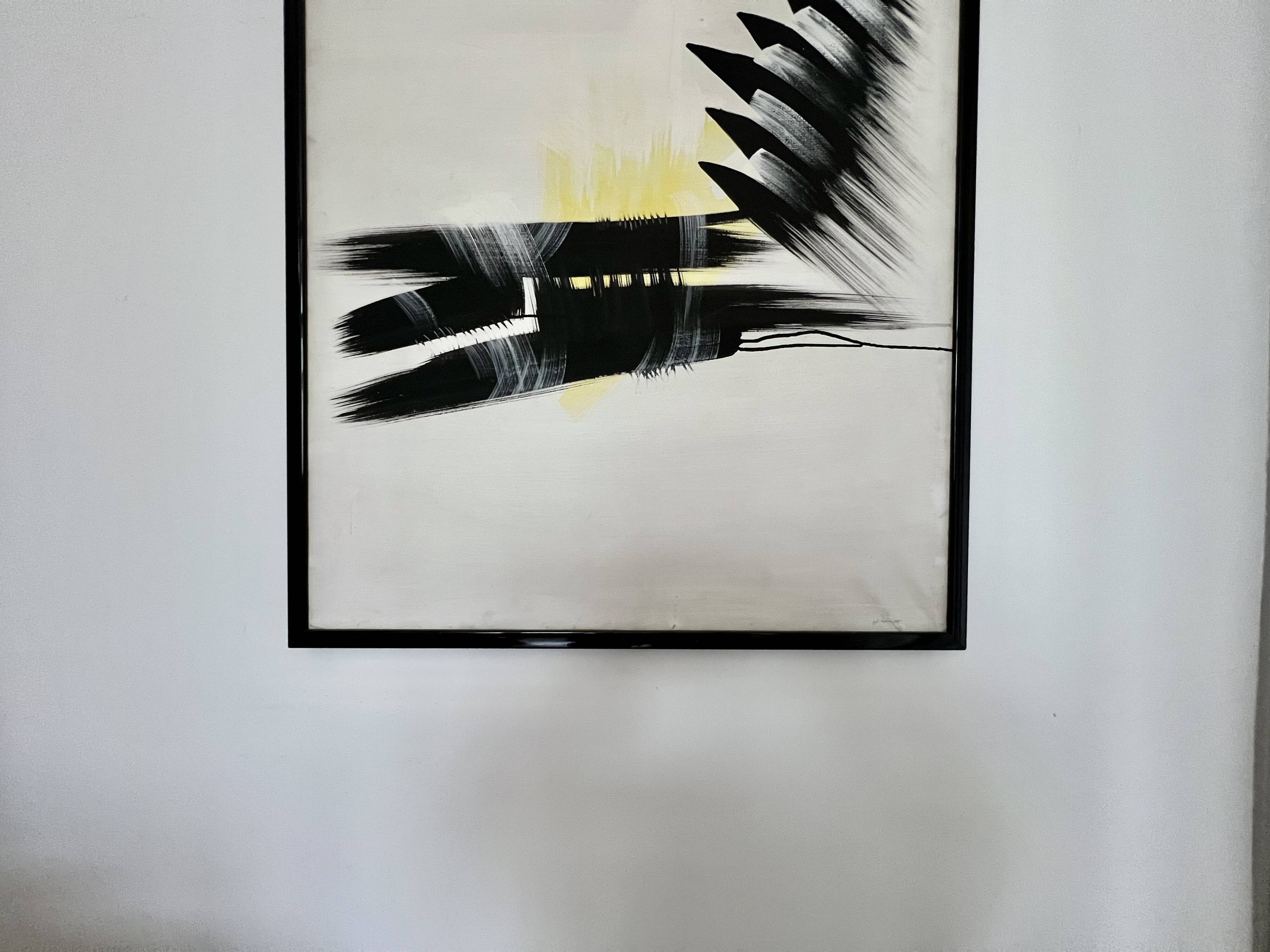 Large abstract expressionist framed painting, signed. Mid to late 20th cent