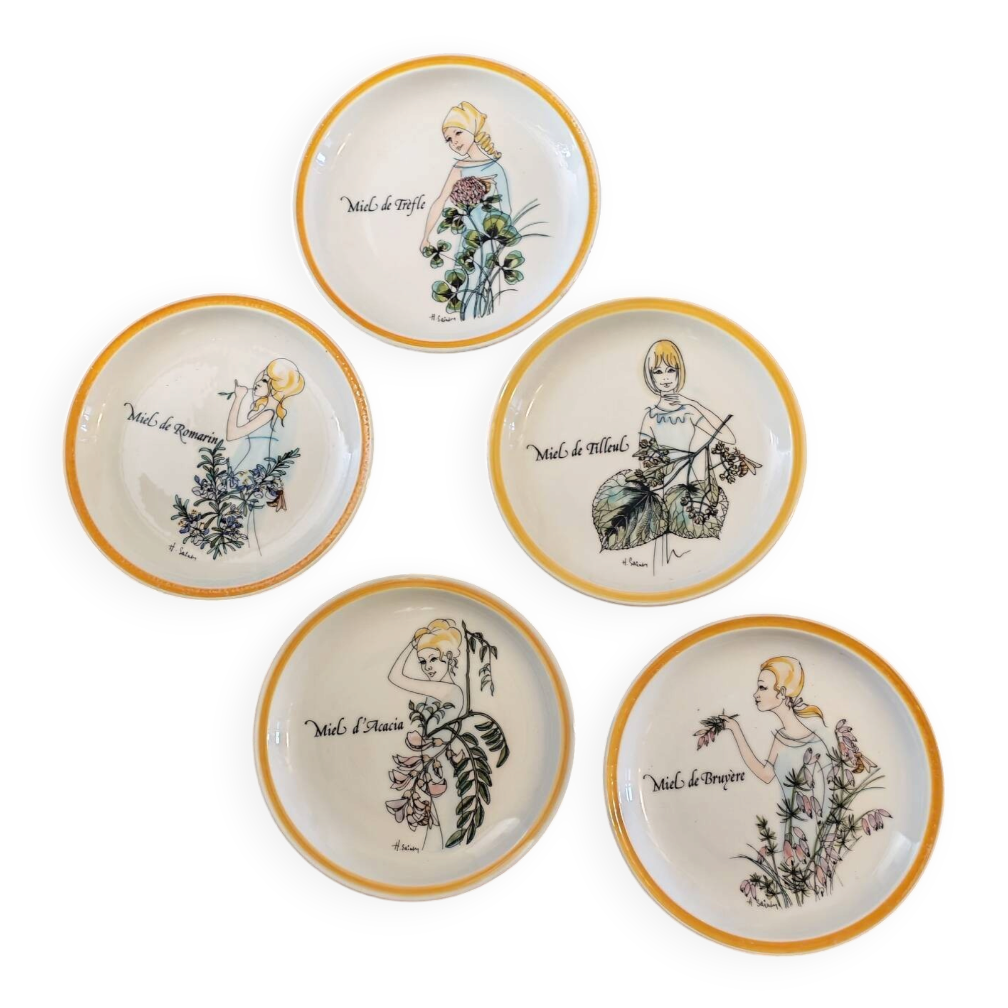 Set of 5 decorative plates Gien by Hughette Sainson
