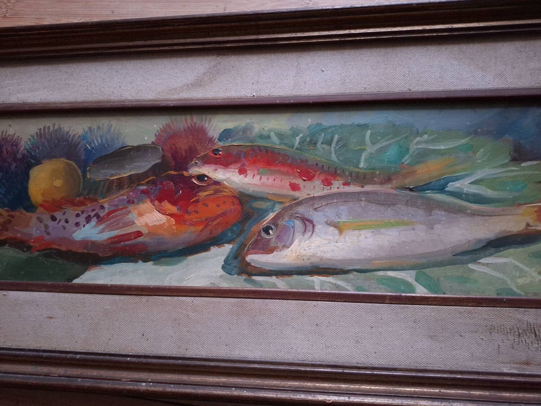 Oil on panel, still life with fish