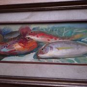 Oil on panel, still life with fish