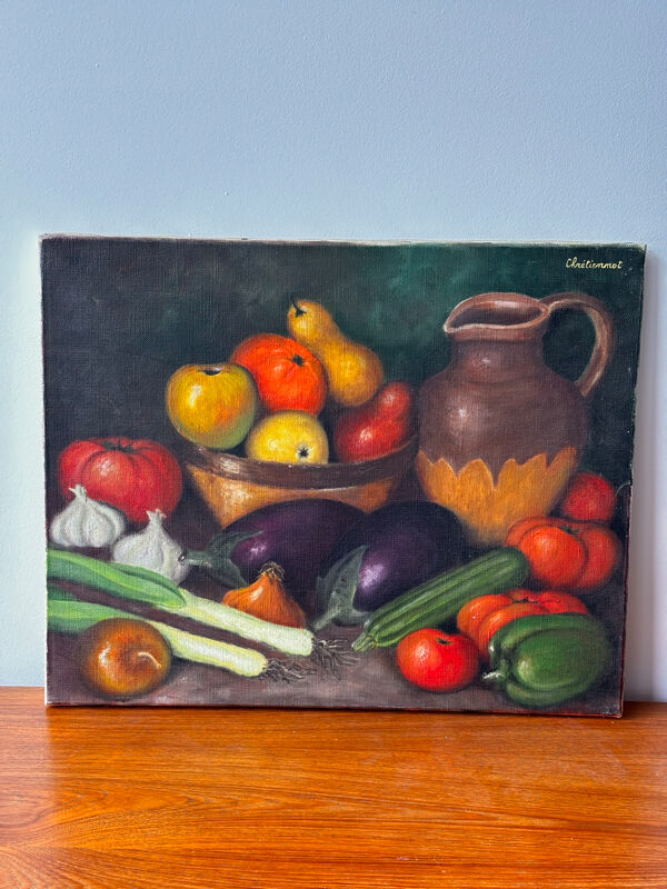 Nature morte « Le retour du marché » – Signée et datée 1977