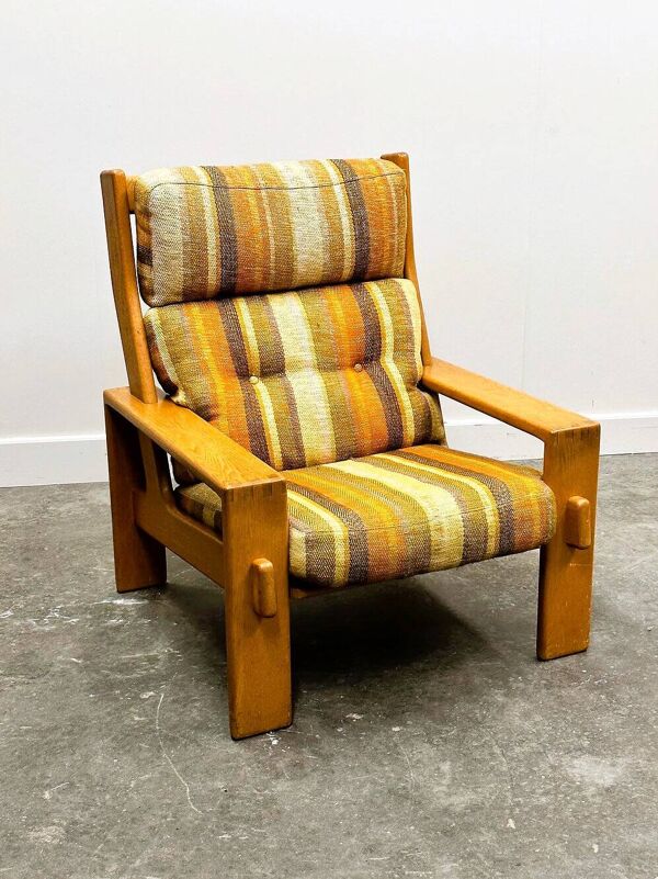 Grande chaise longue vintage en bois d'orme avec tissu d'origine, années 1970, France