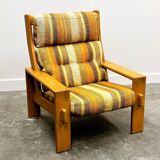 Vintage large elm wood lounge chair with original fabric, 1970s France