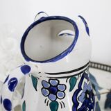 Vintage blue and green ceramic cat-shaped jug carafe