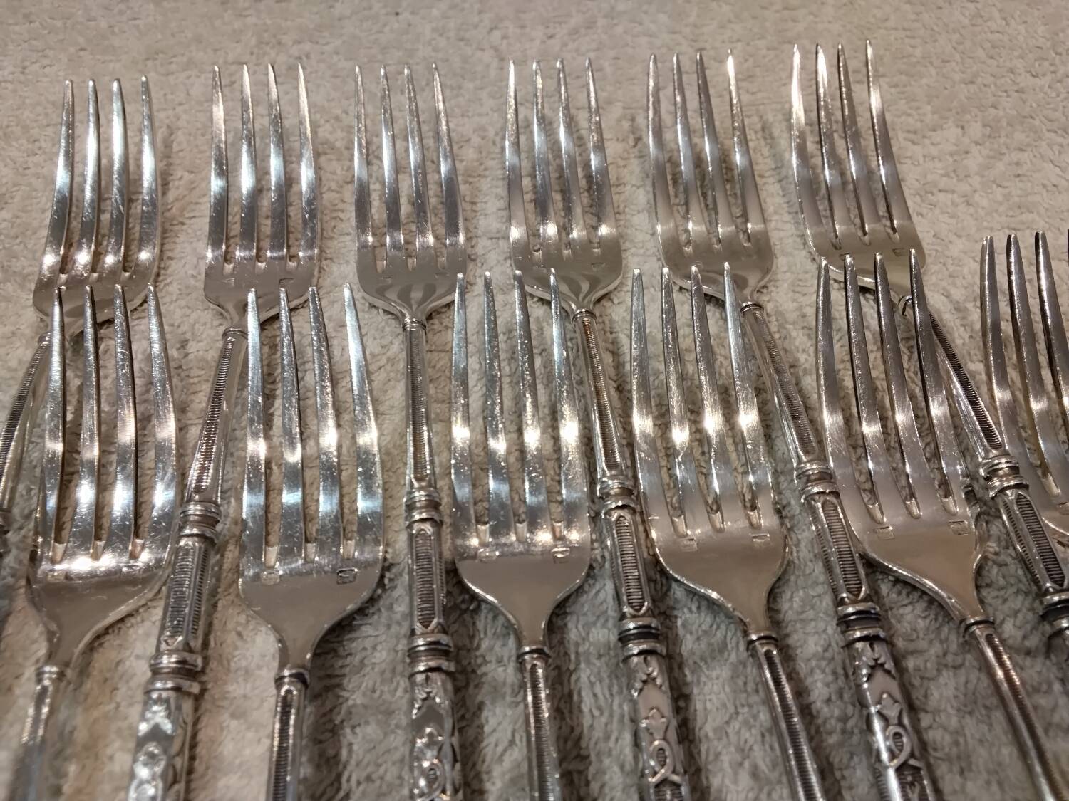 12 silver-plated metal cake forks with 4 prongs, Russian silversmith SFAM.