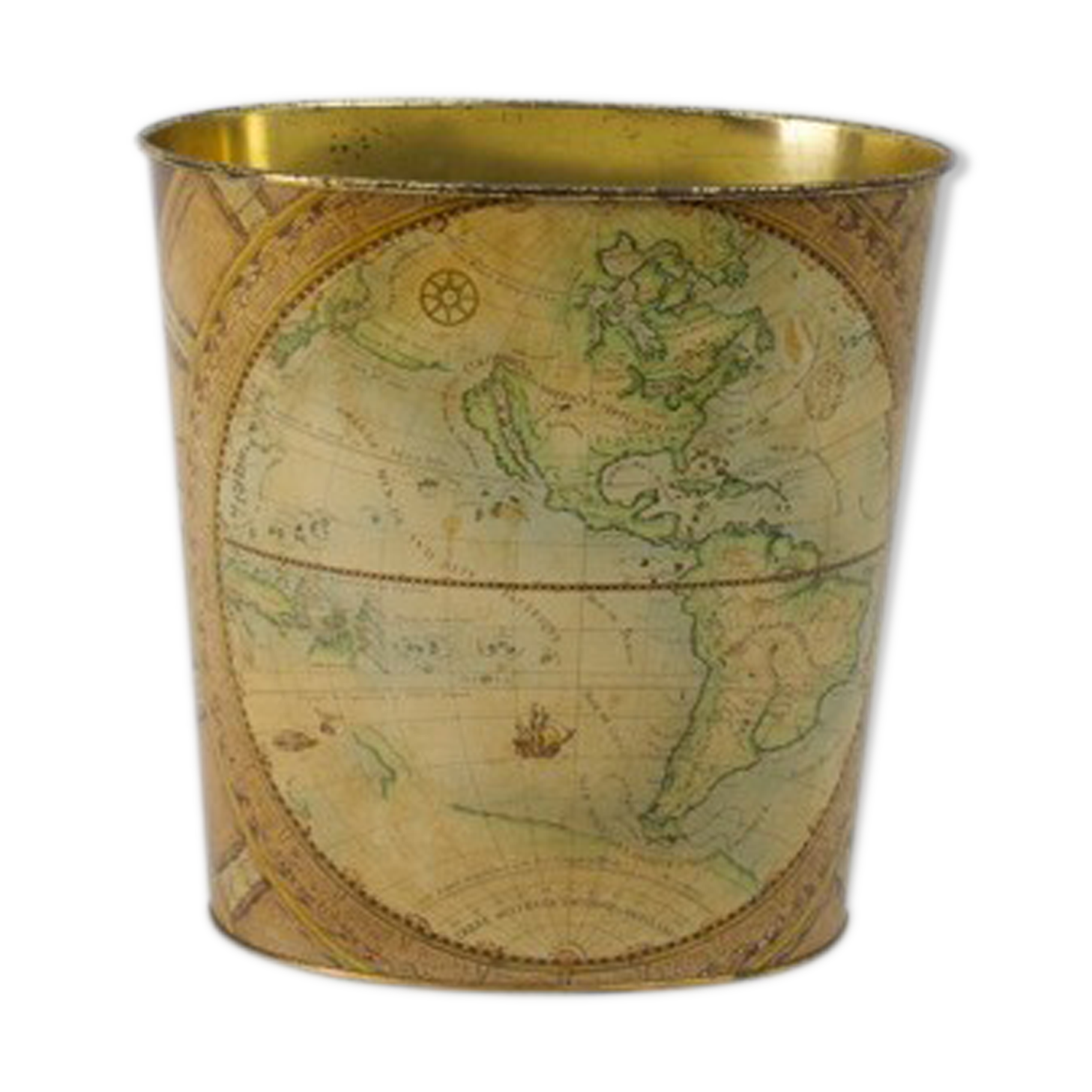 Wastepaper basket Massilly France vintage sheet metal decoration planisphere, 1960