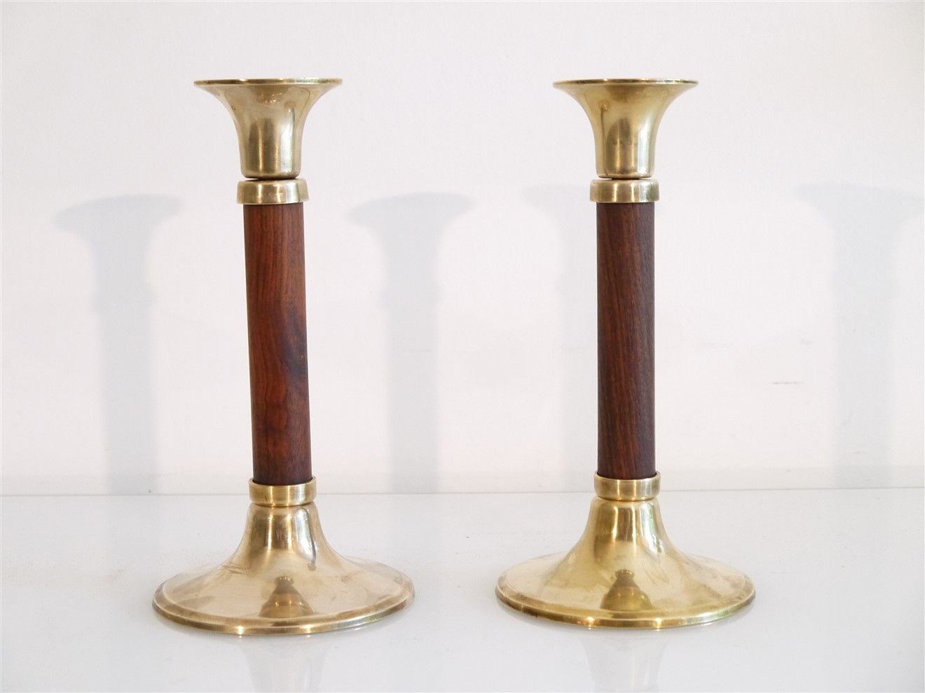 Pair of vintage Scandinavian candle holders in teak and brass 1960