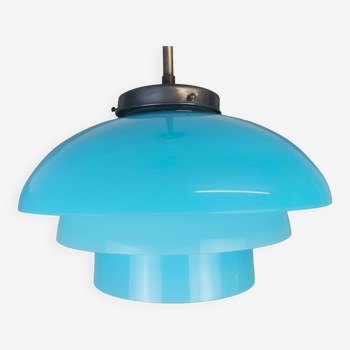 Large Scandinavian style blue opaline glass hanging lamp in style of Paavo Tynell, 1960s