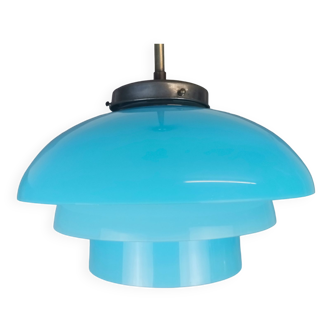 Large Scandinavian style blue opaline glass hanging lamp in style of Paavo Tynell, 1960s