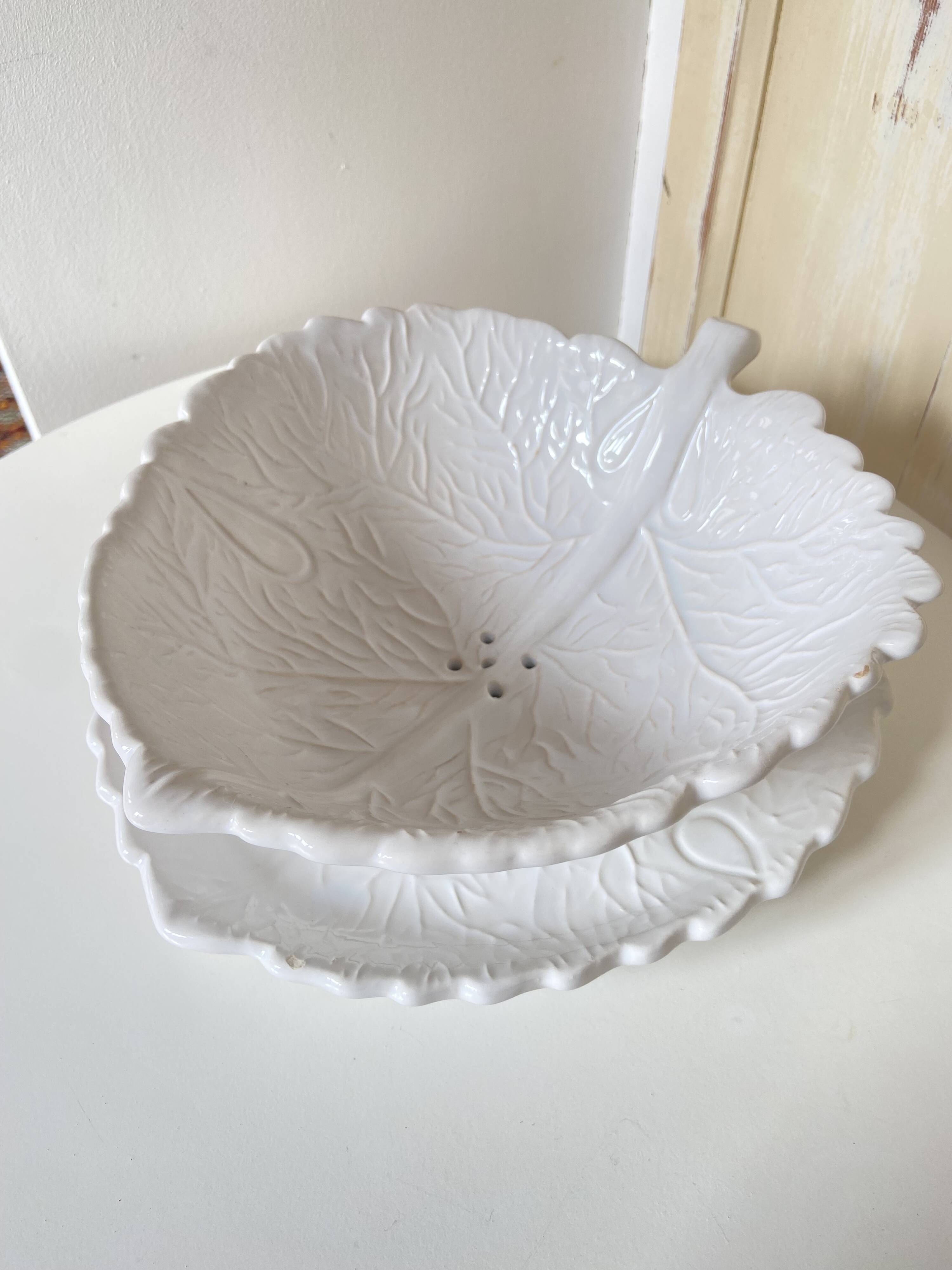 Barbotine Fruit Drainer And Its Plate In The Shape Of A White Cabbage Leaf