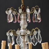Chic lustre à pampilles bronze doré 6 feux enfilage verre ancien