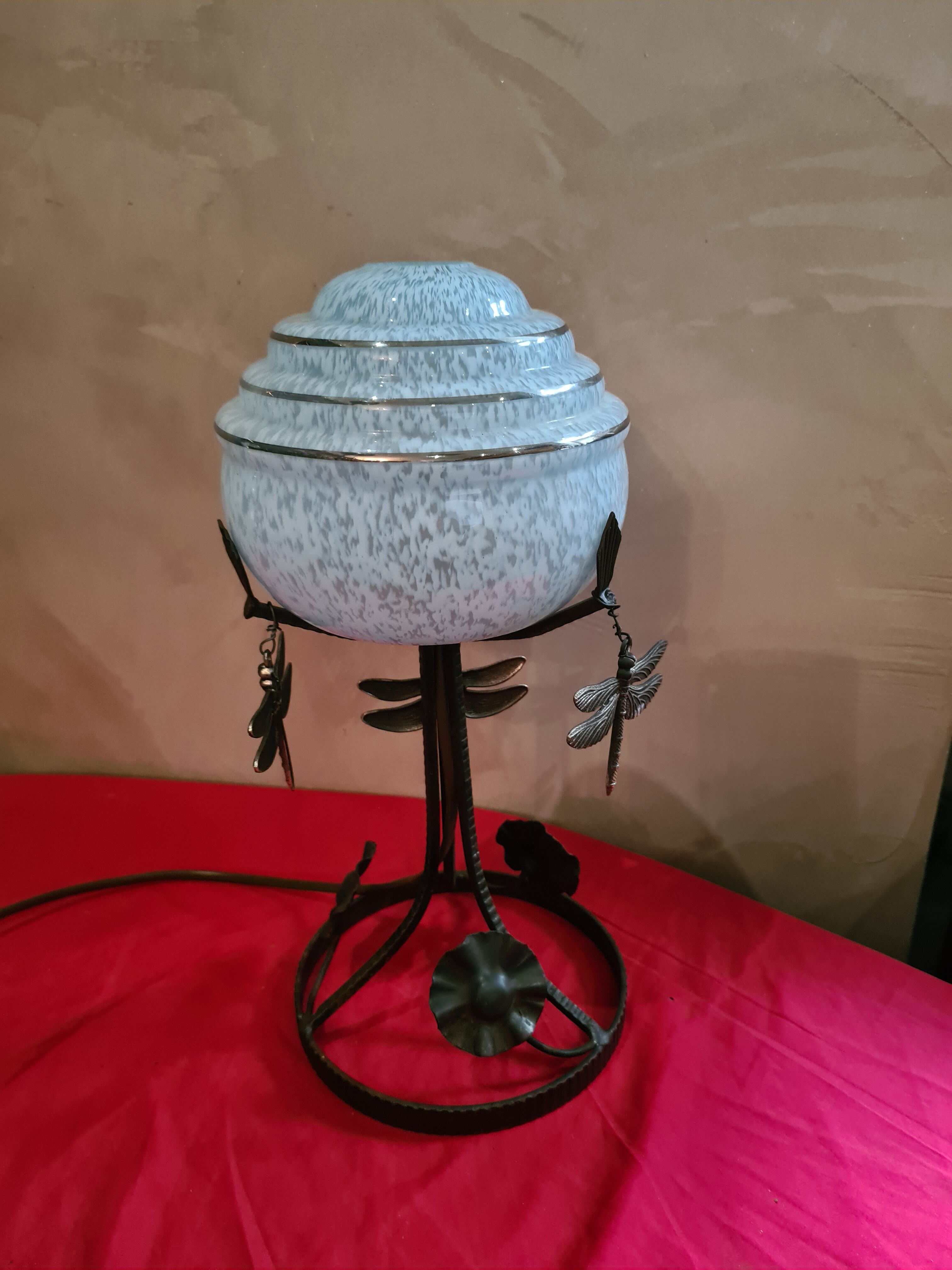 Wrought iron lamp molded blue globe clichy and its dragonfly 33x15