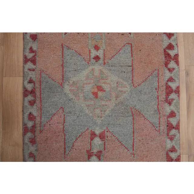 1970s Vintage Turkish Handmade Wool & Cotton Pink Runner Rug 100X349