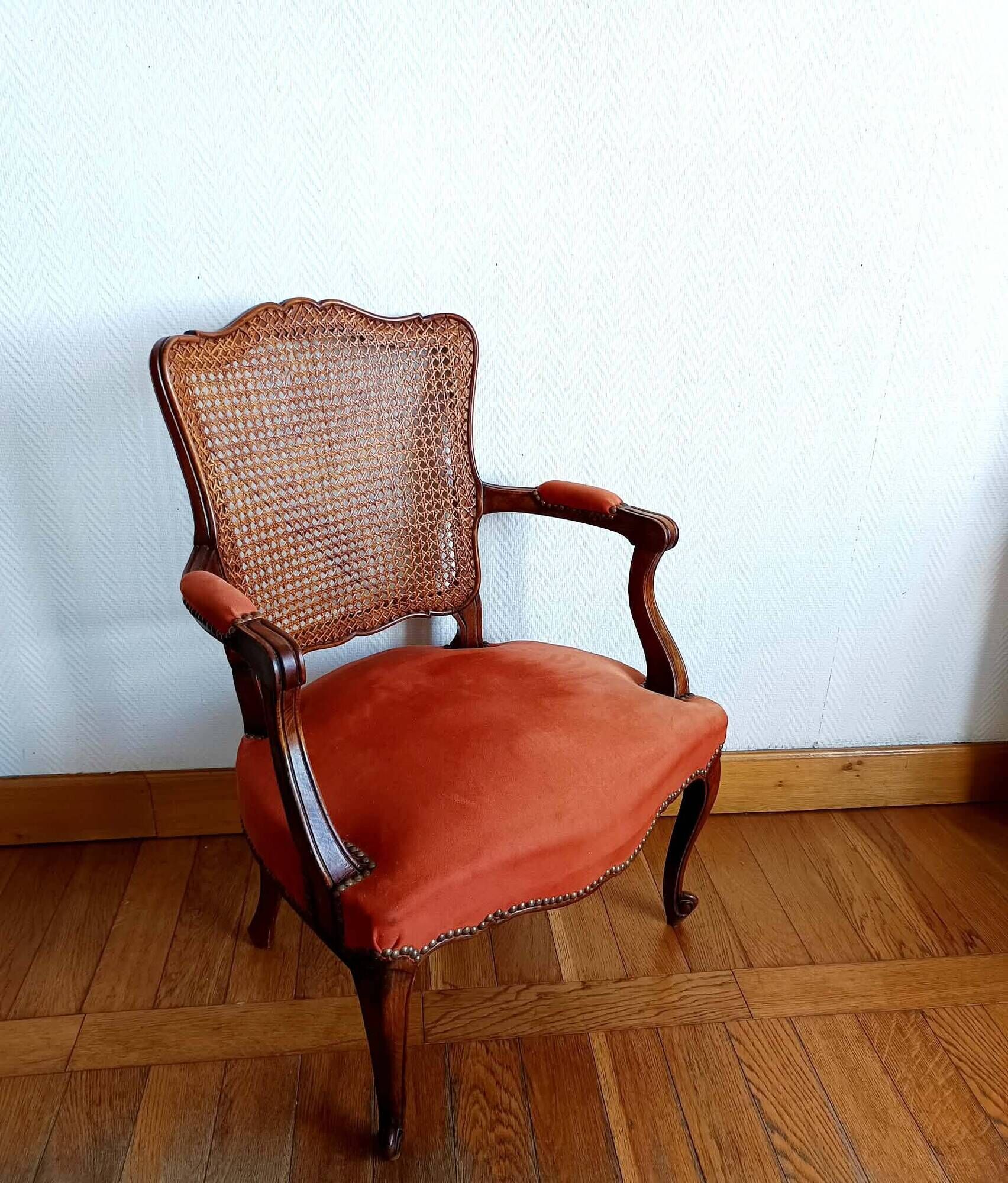 Fauteuil louis XV terracotta et cannage