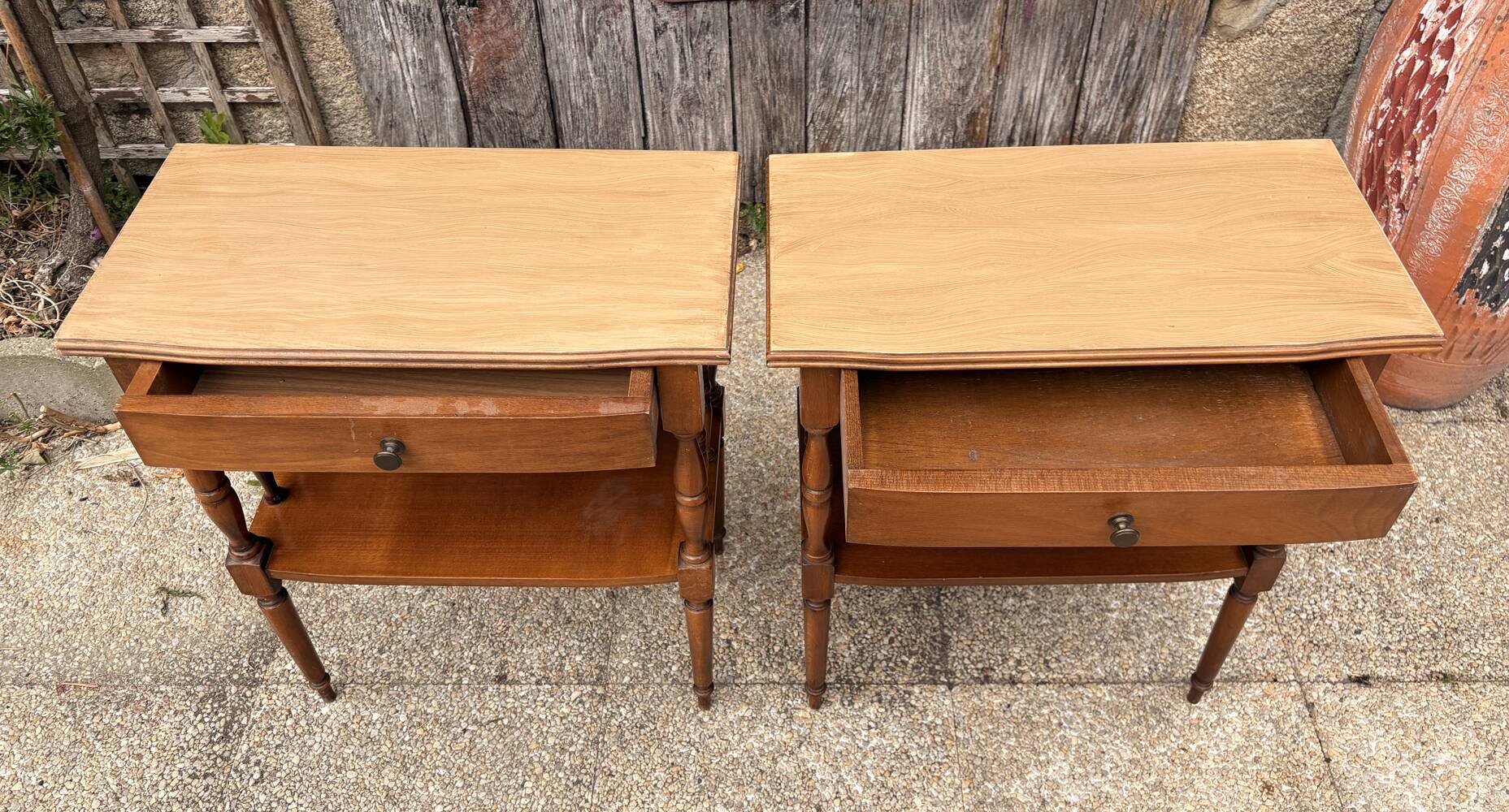 Pair of bedside tables or double-top wooden turned side tables Sty