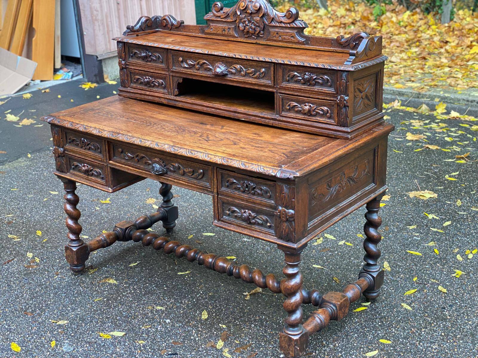 19th-century Renaissance carved oak desk with chair