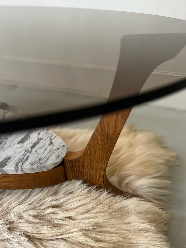 Table basse en verre marbre et bois, Hugues Poignant 1970
