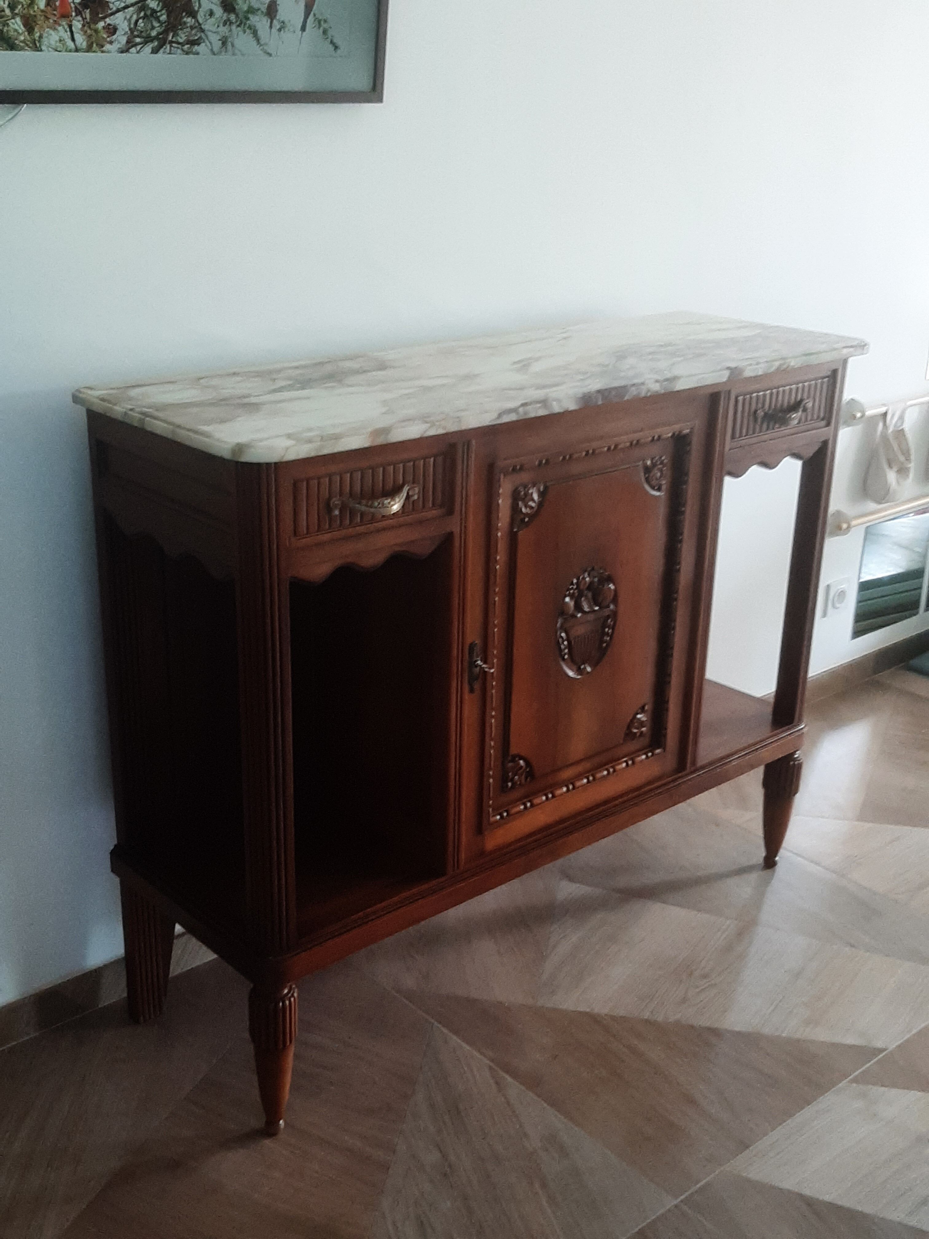 Sideboard - 1920 - art deco - 1 door - 2 drawers - gray marble top